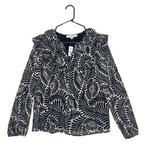 NEW LOFT Womens Blouse Size M Ruffle Tie Neck Black White Floral Boho Office